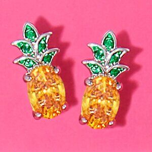 Pineapple Stud Earrings with Pink and Green Gemstone